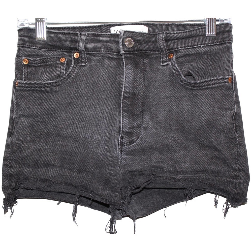 Women's Zara Black Denim Cut Off Distressed High Rise Jean Shorts Size 8 / EU 40